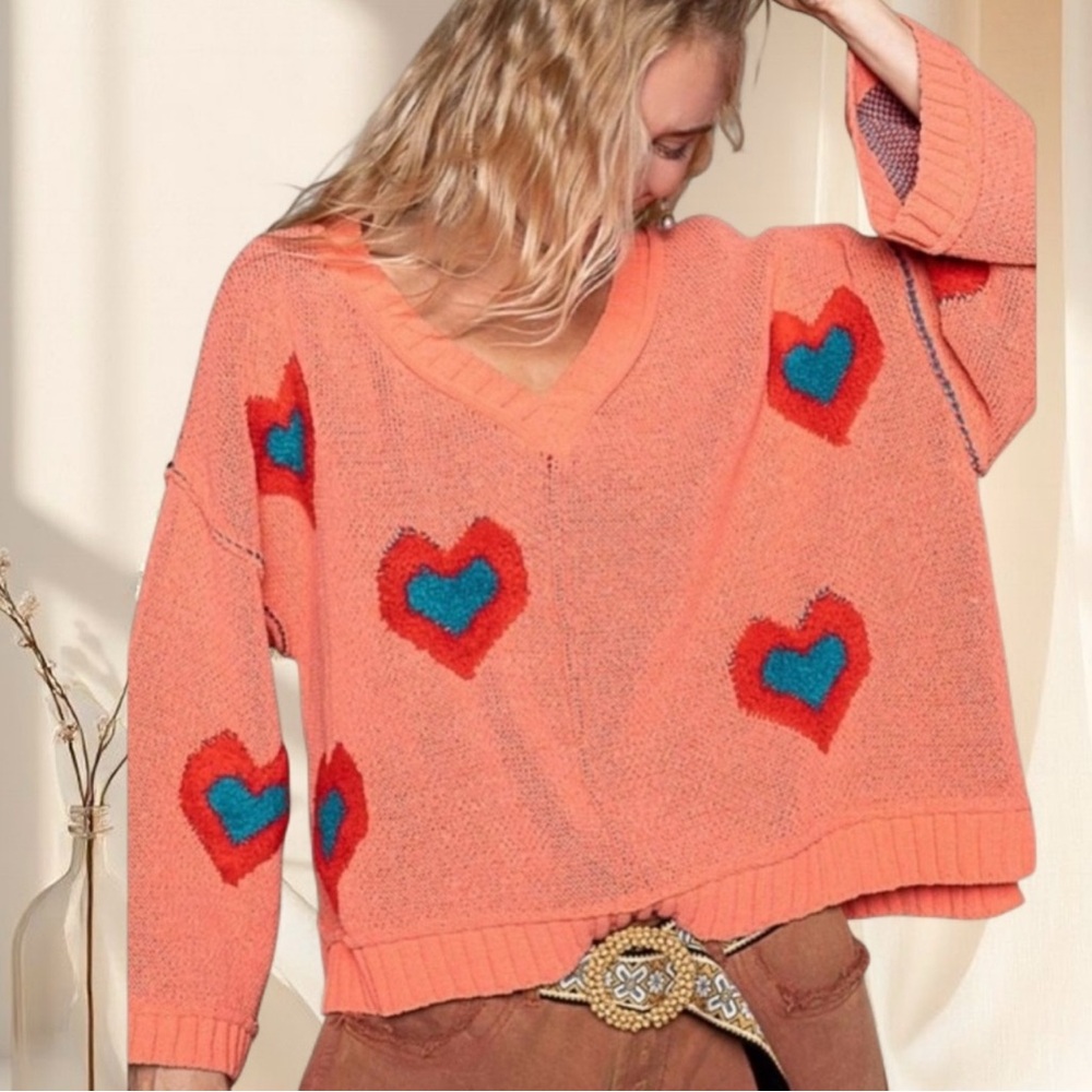 POL Tangerine Chenille Sweater | Heart Pattern Top - Picture 4 of 6